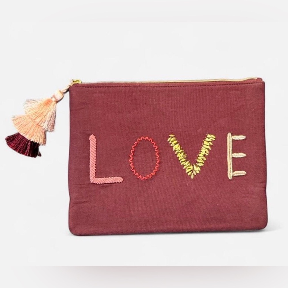 Sold out Stella & Dot Embroidered LOVE Pouch Burgundy Clutch with Tassel